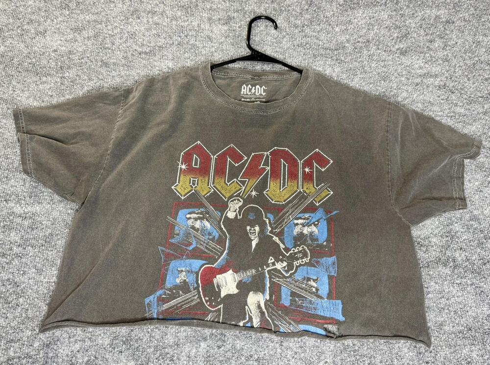 AC/DC Shirt Mens M/L Gray Cropped Graphic Rock Band Tee Goodie Two Sleeves